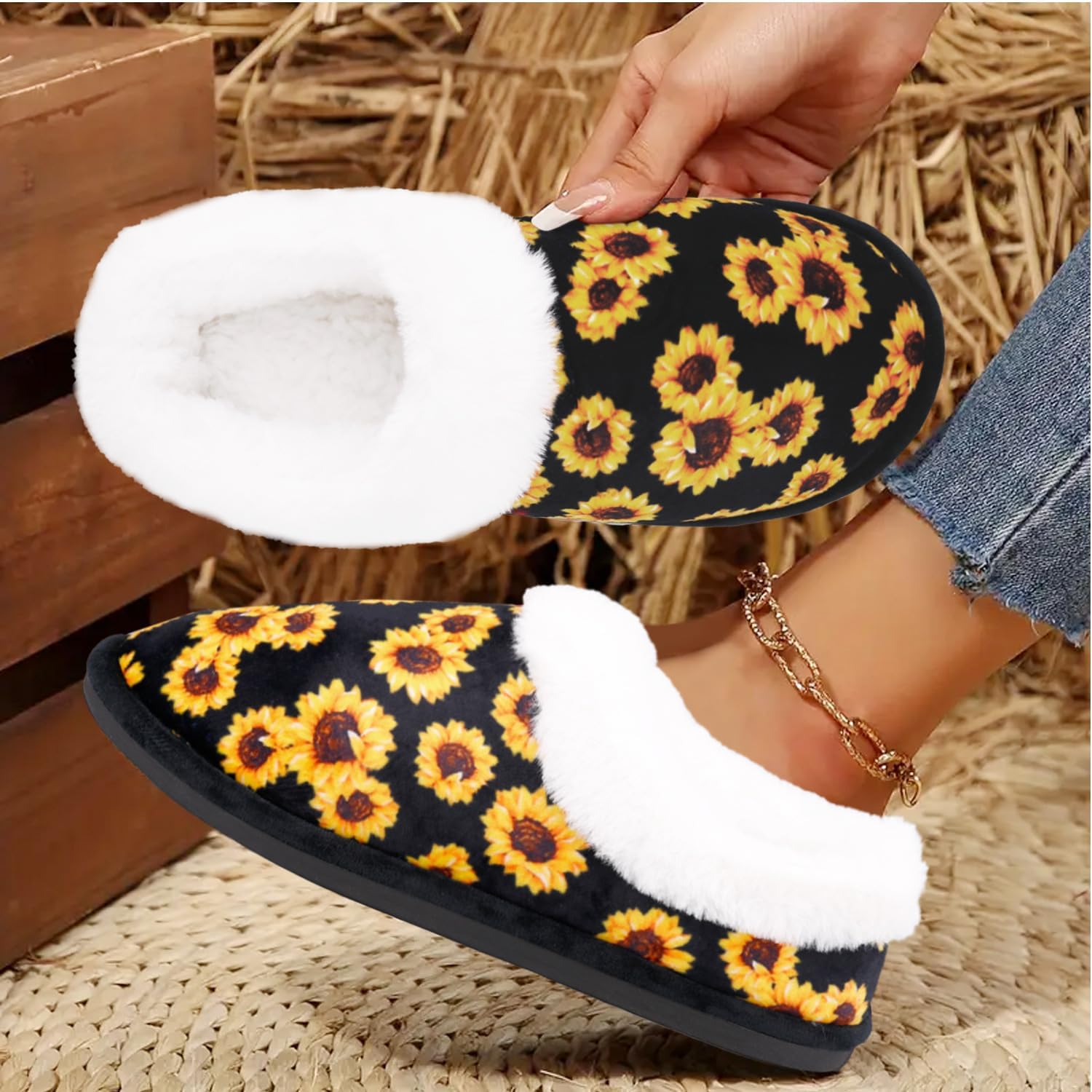 Women's Memory Foam Slippers with Non-Slip Rubber Sole, Vibrant Sunflower Print Fuzzy Closed Back Slippers for Men, All-Season Indoor/Outdoor Warm Winter House Shoes, Machine Washable