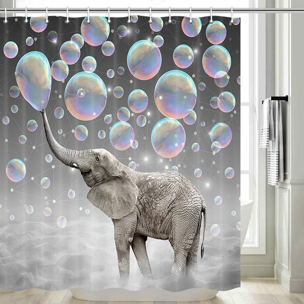 Elephant Shower Curtain, Funny Blowing Bubbles Elephant Funny Elephant Cute Shower Curtain for Kids, Funny Shower Curtain Set, Hooks Included (70X70)