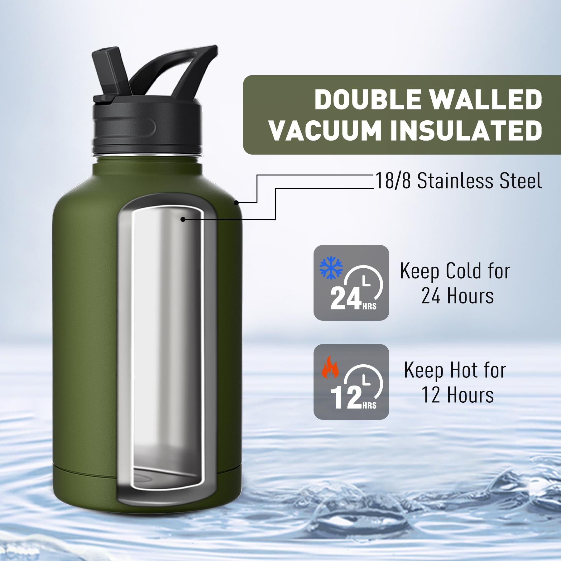 BOTTLE BOTTLE Insulated Water Bottle 66oz with Straw and Double-Use Lid Half Gallon Can for Men with Handle Vacuum Stainless Steel Water Bottle for Training and Sports Black