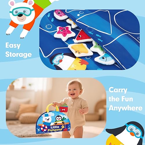 Miniatura 7 de hahaland Juguetes Montessori para niños de 2 años, juego de pesca para niños pequeños de 1 a 3 años con alfombrilla de doble cara, dados suaves,