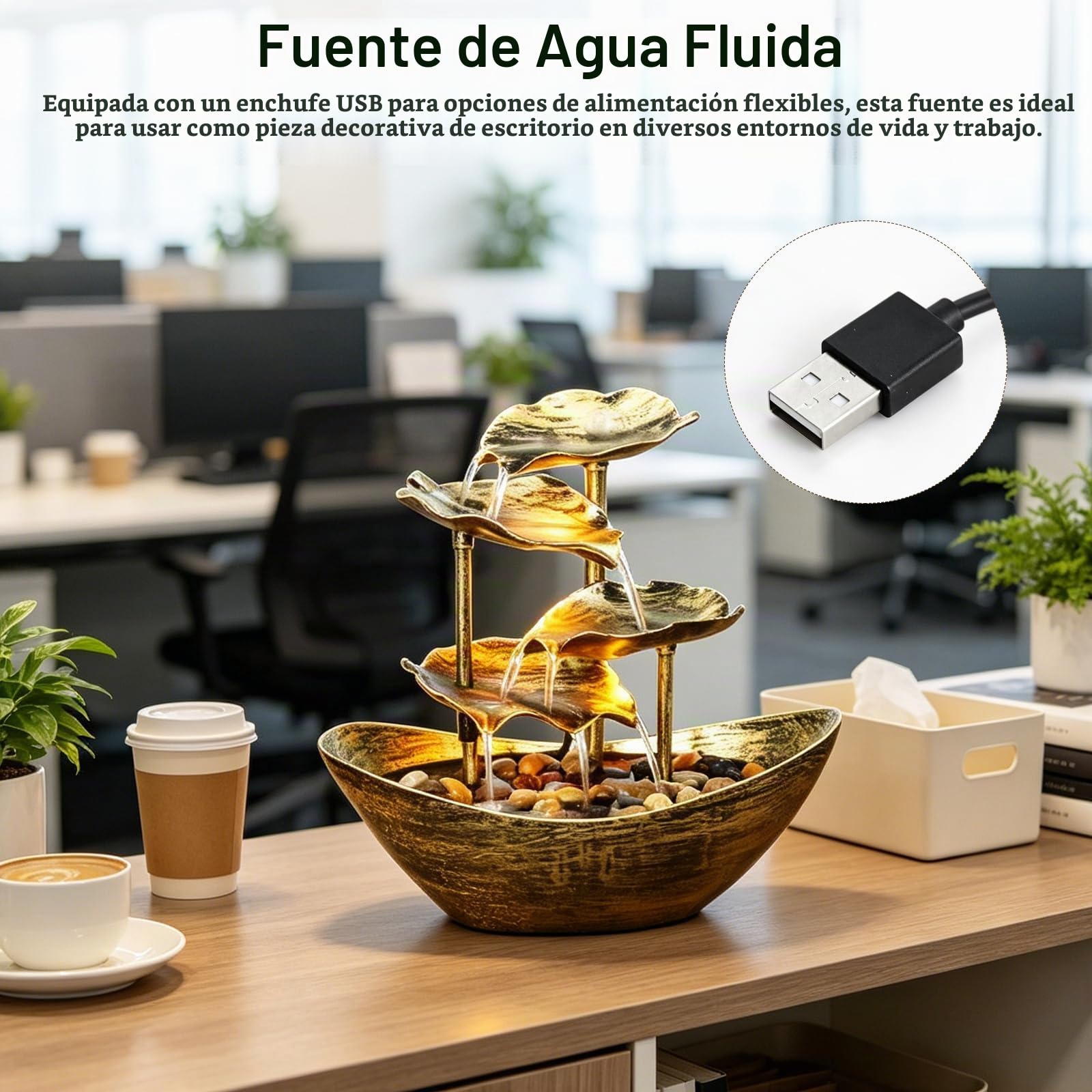 Fuente Agua Decorativa, Fuente de Mesa con Cascada de Hoja de Loto en Lingotes, Fuentes Decorativas de Agua Interior con Iluminación LED para la Decoración del Hogar Oficina Jardín Salón