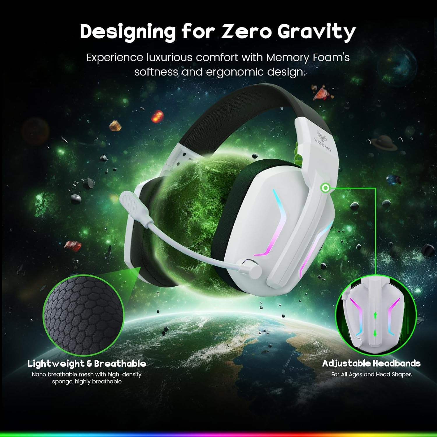 WESEARY Gaming Headset Wireless mit Mikrofon für PS5, PS4, PC, Switch, Smartphone, Mac, Laptop, 2,4 GHz & Bluetooth Kopfhörer mit Noise Cancelling Mikrofon, 50H Akku, LED-Licht, Surround Sound