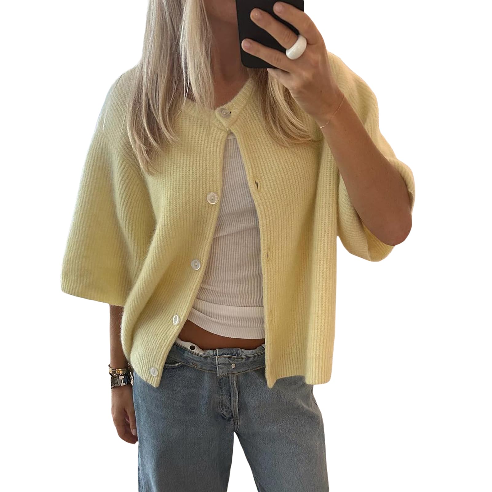 NVRENJIAWomen Y2k Knitted Crop Cardigan Short Sleeve Button Up Rib Knit Solid Color Cute Sweater Shirt