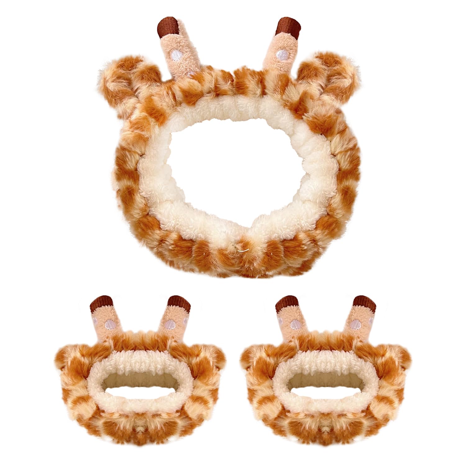 NAUZE 3Pieces Giraffe Headband with Wristbands Set Giraffe Face Wash Makeup Headband and Wristbands Elastic Hair Band Spa Wrist Towels for Face Washing