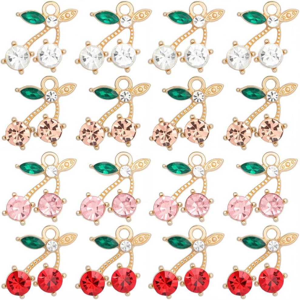 SUNNYCLUE 1 Box 24Pcs Cherry Crystal Charms Rhinestone Fruit Charms Bulk Metal Gold Glass Cherries Diamonds Pendants for Necklaces Earrings Bracelet Jewelry Making Keychains DIY Crafts Supplies Decor