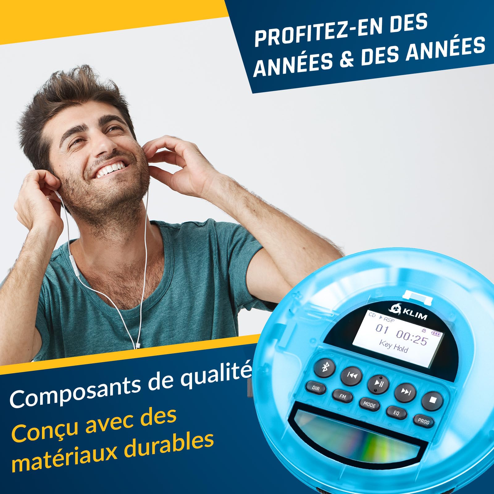 Nomad Lecteur CD Portable Bluetooth - Batterie Longue Durée - Radio FM TF | Écouteurs Inclus, Double Port Audio, Carte TF, Radio FM, Protection Anti-Saut, Câble AUX Voiture - Bleu Transparent