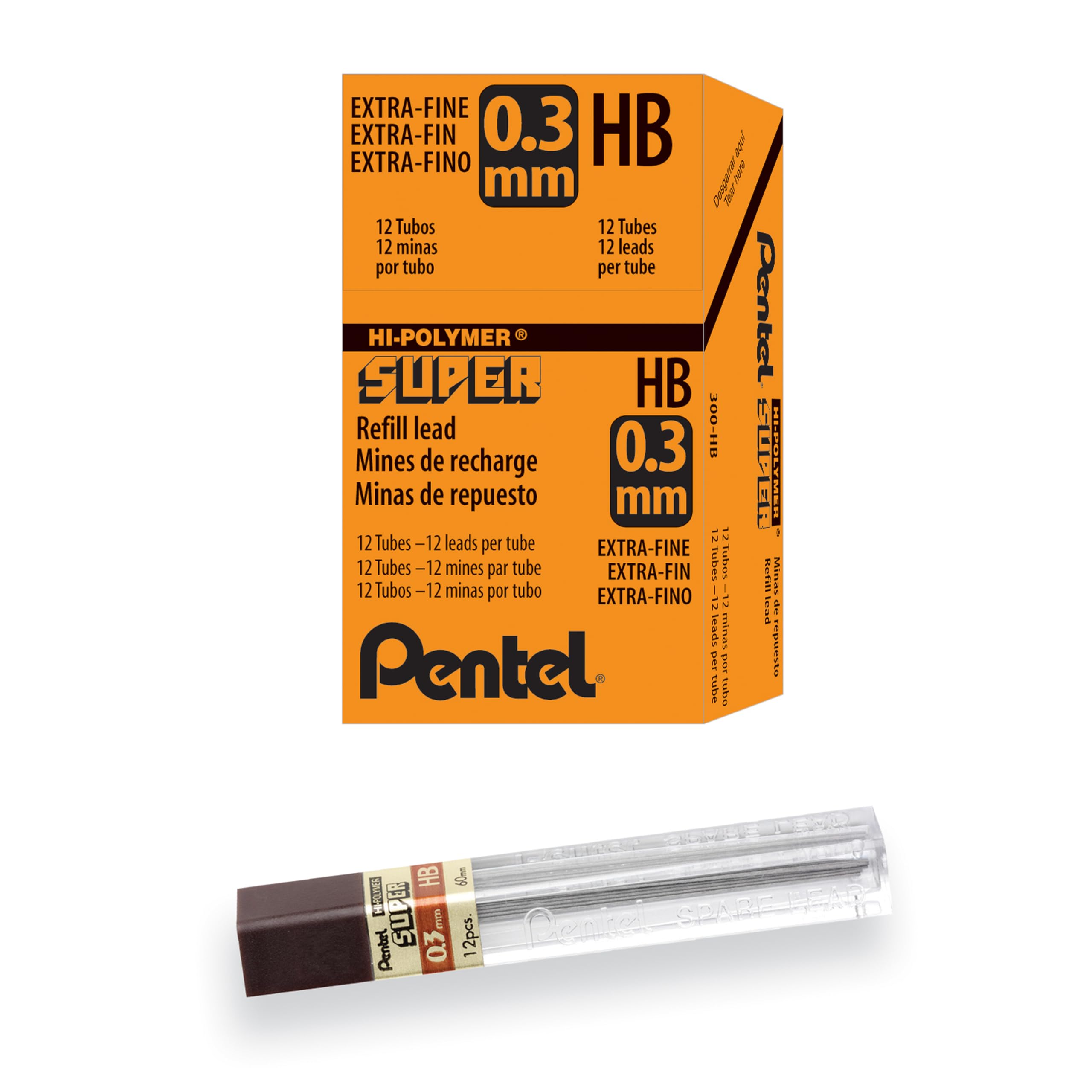 Pentel Hi-Polymer Lead Refills, HB, 0.3 mm - (Pack of 12 Tubes, 12 Leads per Tube) Gray,300-HB