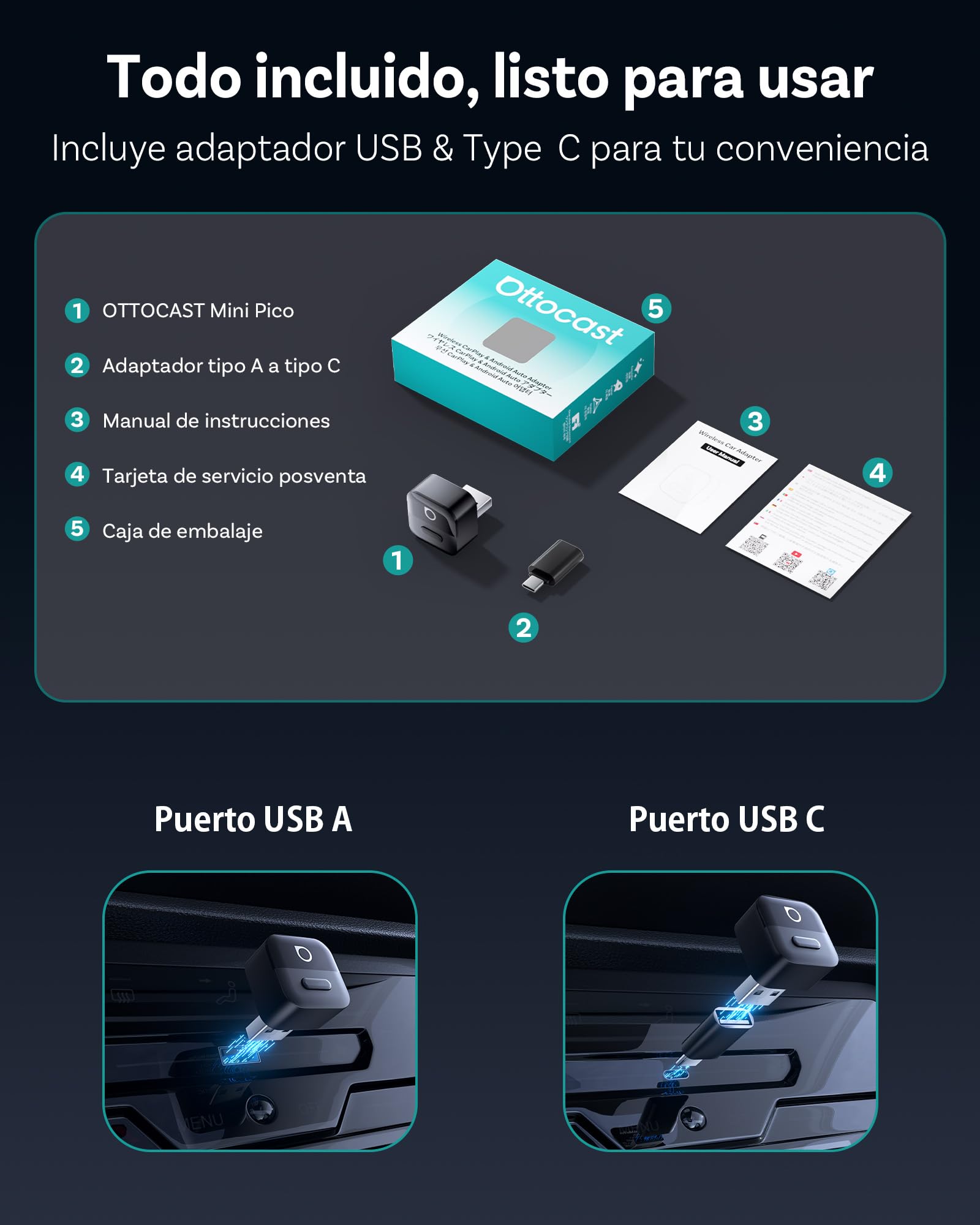 OTTOCAST Mini Pico 2026, Adaptador Inalámbrico CarPlay y Android Auto para iOS 10+/Android 11+, Botón Inteligente, Plug & Play, USB A/Tipo C, Actualización OTA, Convierte Cableadas en Inalámbricas