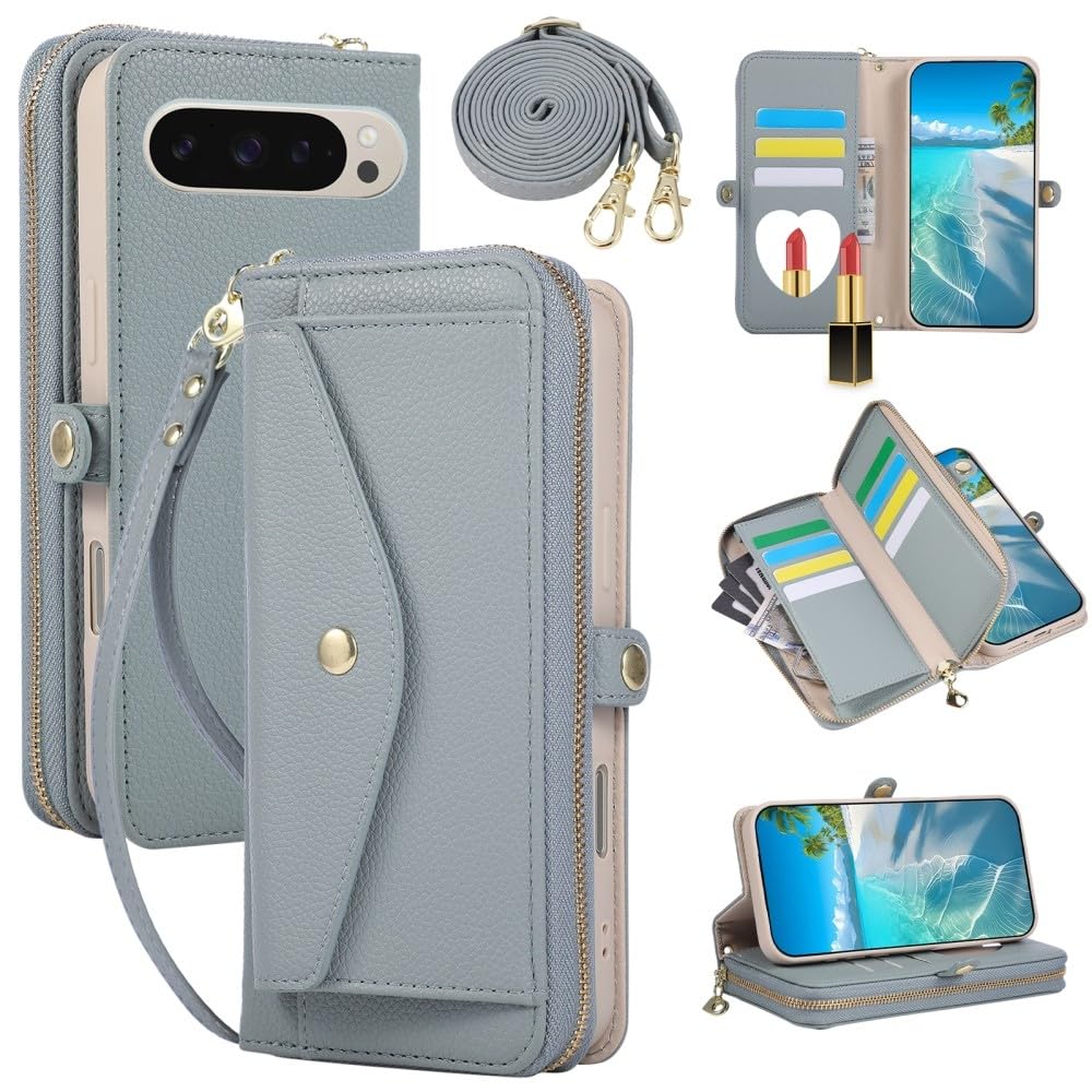 Housse Google Pixel 9 Pro XL en cuir bleu à fermeture éclair et finitions haut de gamme - 8
