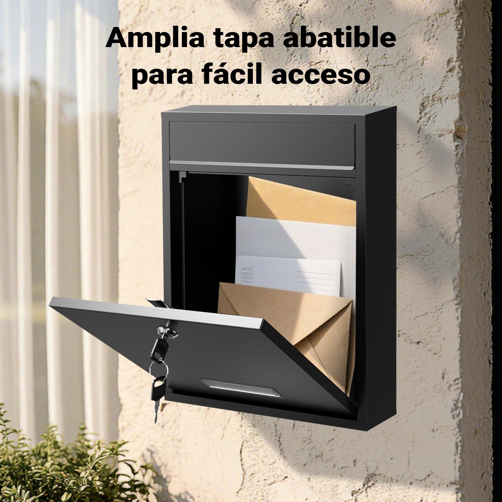 Wiltec Buzón de Pared Color Negro V10 con Placa de identificación, Amplia Ranura para Cartas y 2 Llaves buzón de Acero con Recubrimiento en Polvo para Montaje en Pared