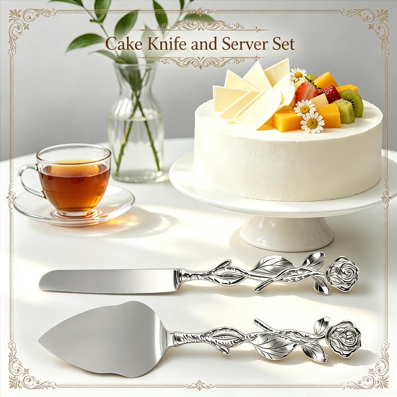 Vintage Rose Cake Knife & Server Set - Wedding Decor -5