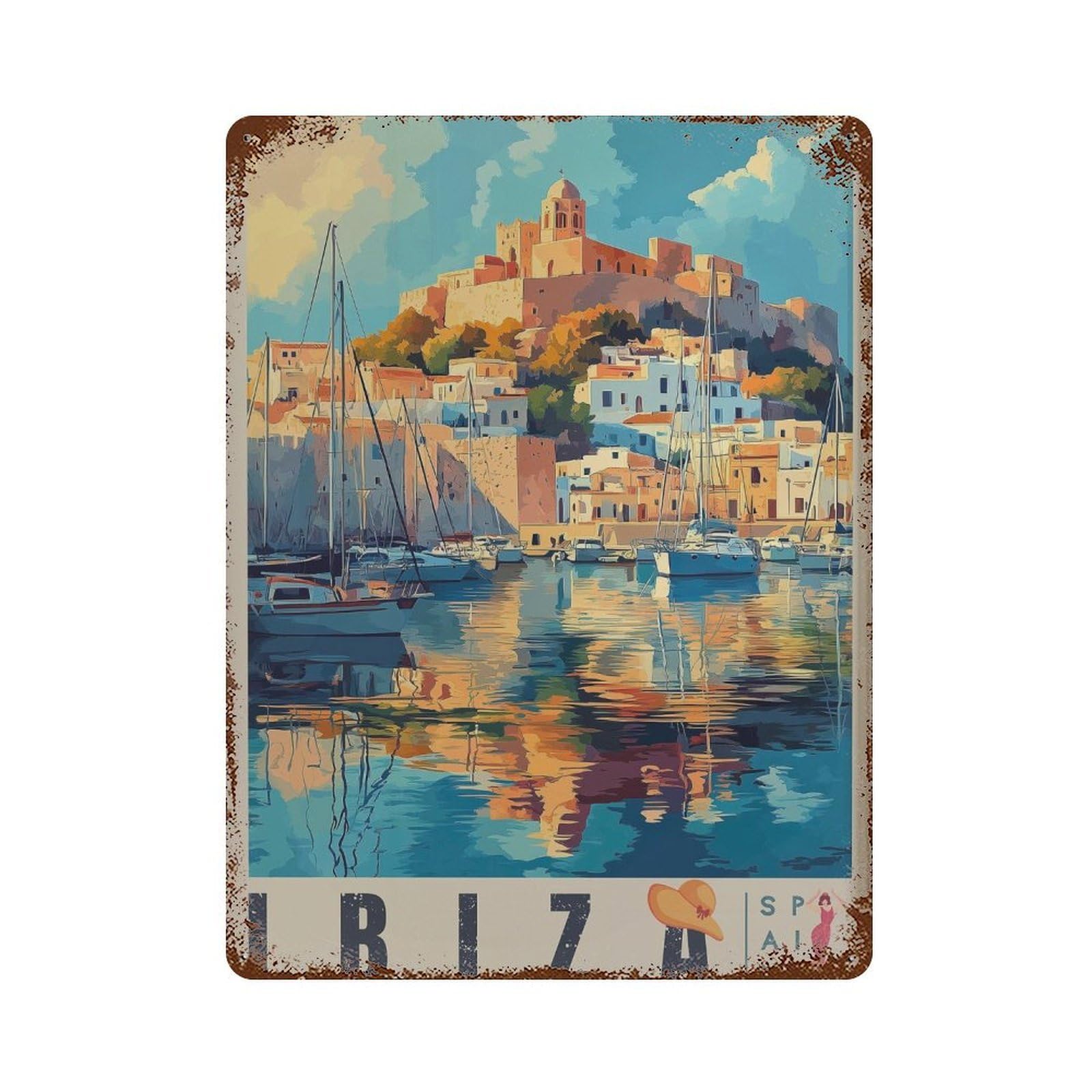 xiaoxiaoshen Ibiza Old Town Spain Travel Mediterranean Harbour Coastal City Decor Wall Decor Art Metal Tin Poster Modern Home Decor Art Home Bar Shop Decorations Vintage Sign 40x30cm
