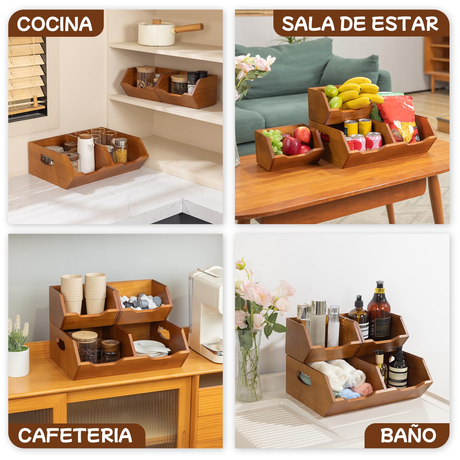 Aquzee Caja para Guardar Patatas de 2 Capas, Apilable Cesta para Patatas y Cebollas de Madera Juego de 3 Piezas, Desmontable Almacenaje Cocina Adecuado para Ajo, Cebolla, Verduras, Frutas y Pan