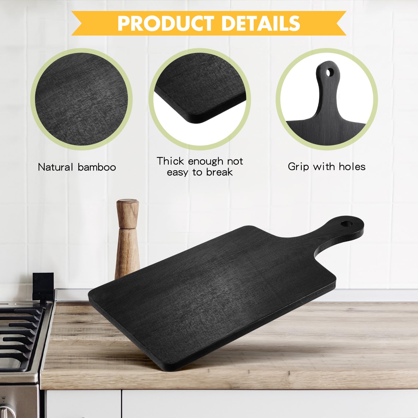 Geetery 3 paquetes de tablas de cortar de madera con mango de madera de bambú, tablas de servir pizza, charcutería, tabla de cortar para pan, queso, filete, 3 tamaños, bambú (negro)