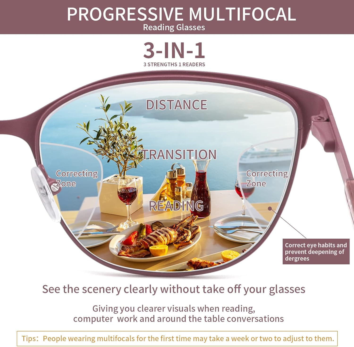 Progressive Multifocal Reading Glasses Women Cat Eye No Line Multifocus Transition Blue Light Reader Lady Metal Frame - Image 3