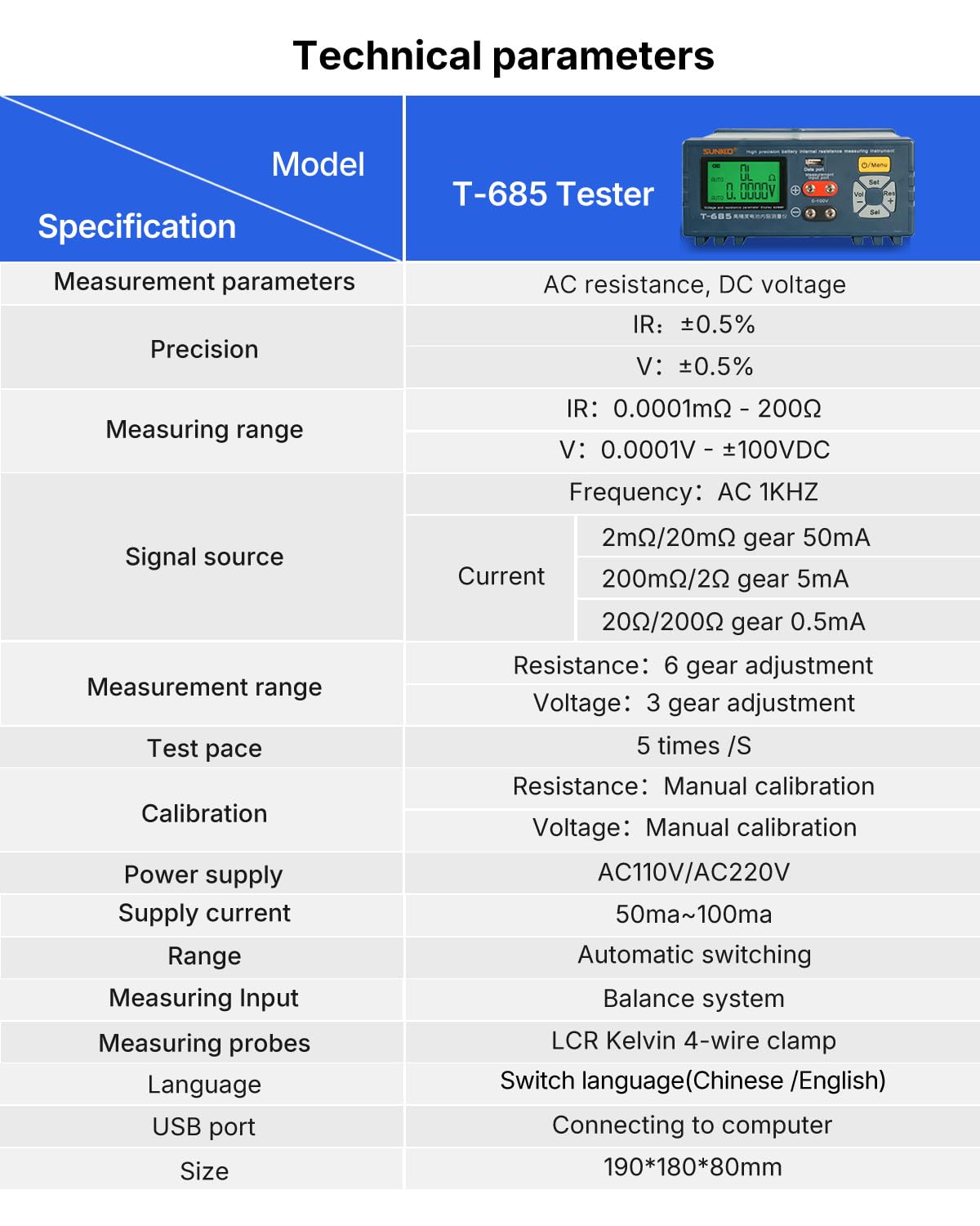 Precyzyjny tester rezystancji wewnętrznej do akumulatorów litowych, inteligentny analizator akumulatorów, IR 1uΩ-200Ω, napięcie 1mV-±100VDC, pomiar rezystancji AC/DC, T-685