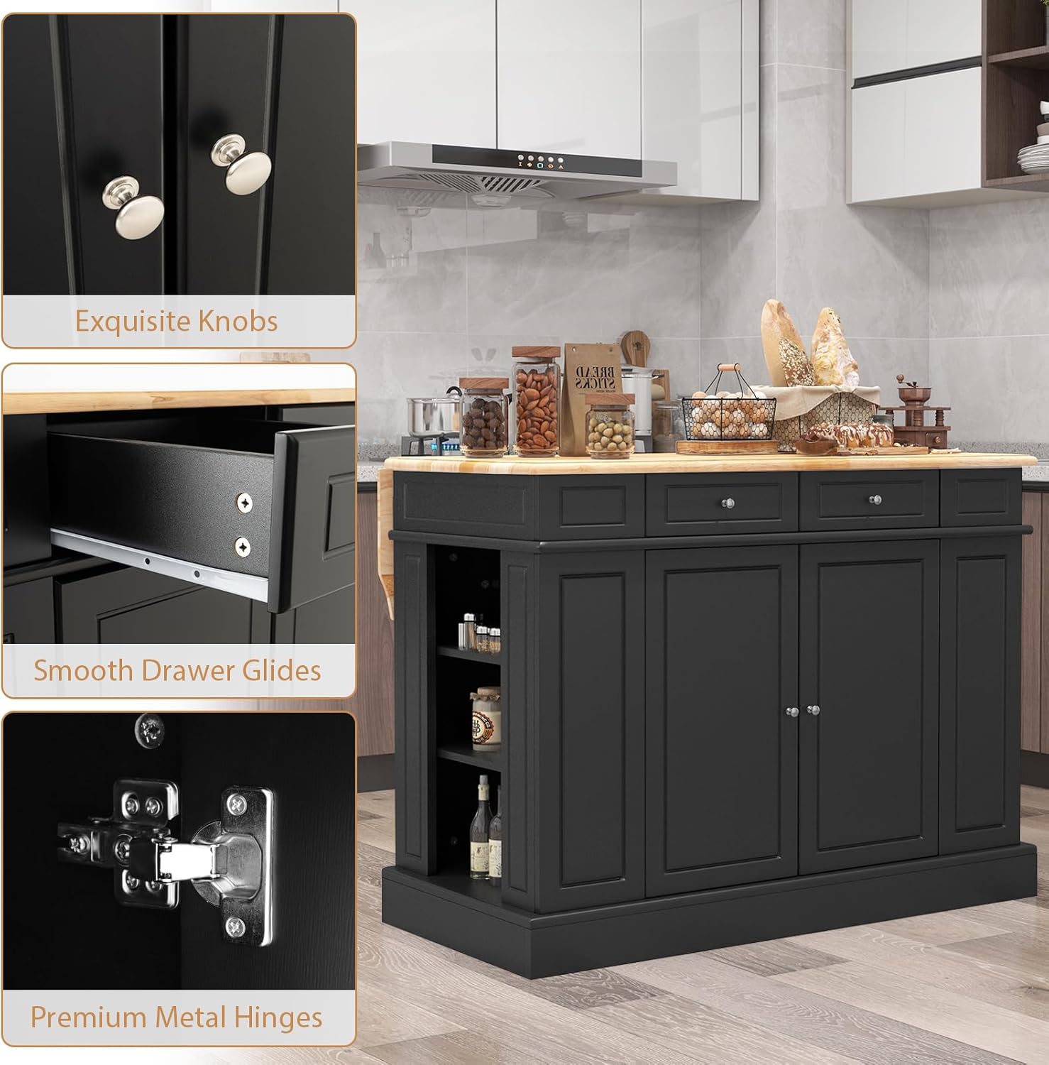 DORTALA Kitchen Island with Drop Leaf, Kitchen Island Table with Rubber Wood Butcher Block Countertop, 2 Drawers, Spice Racks & Adjustable Storage Cabinet, Coffee Bar Cabinet for Dining Room, Black