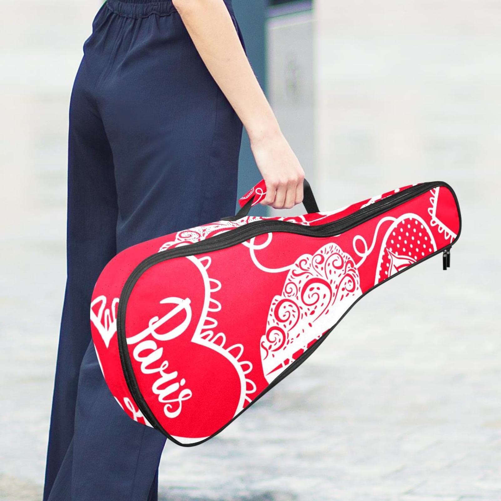 Sac à dos robuste pour ukulélé de concert - Sac de rangement pour ukulélé soprano - Ukulélé ténor - Sac rembourré de 10 mm - Motif Tour Eiffel - Rouge