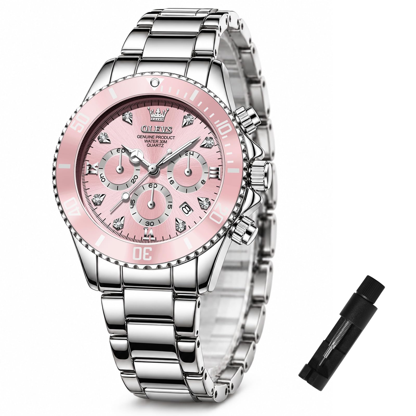 OLEVS Damenuhr Quarz Chronograph 38mm Silikonarmband wasserdicht Armbanduhr