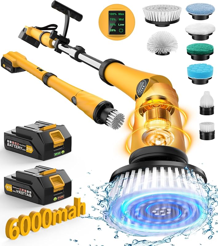 Electric Spin Scrubber Q3, 6000mAh, Extra-Large Brush Head, 1200RPM | Floor Scrubber Machine with Long Handle, Cordless Cleaning Brush, 8 Brush Heads and Smart Display for Showers, Tubs and Tile