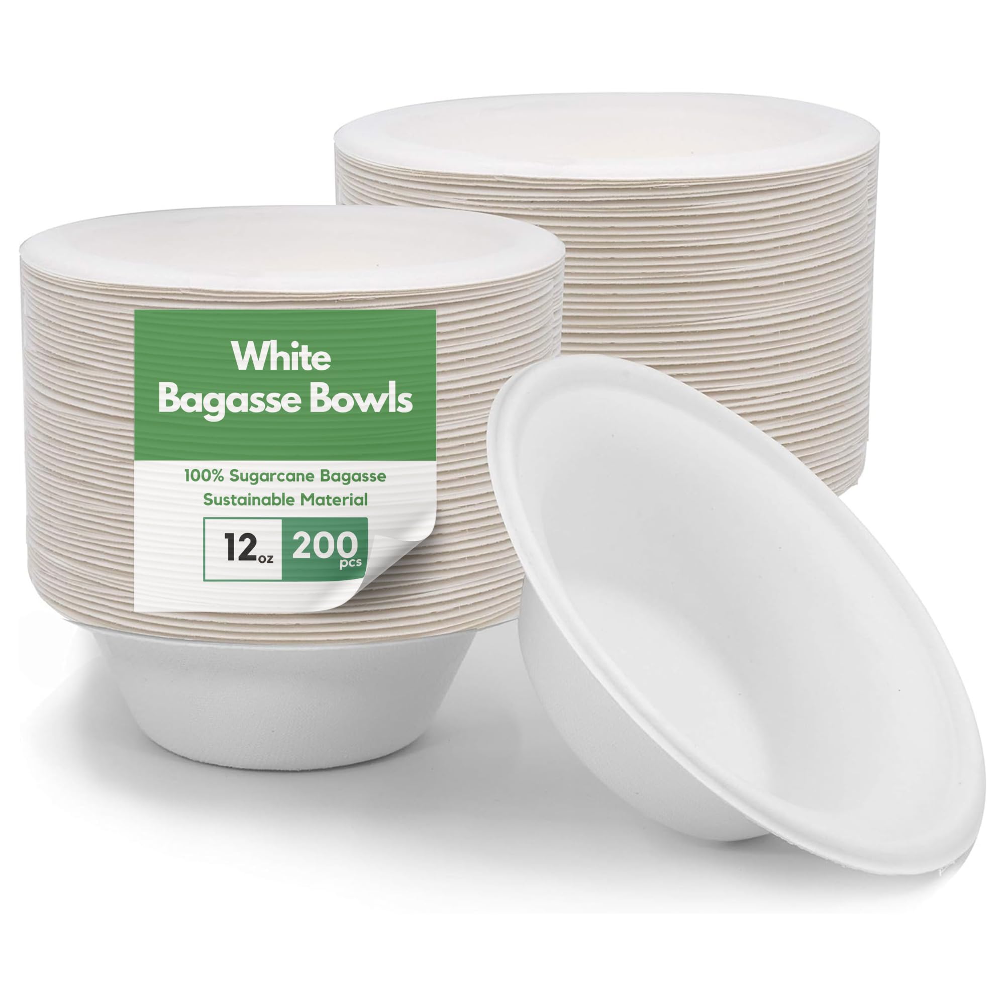 Caterco White Bagasse Sugarcane 12Oz / 340Ml Bowls - Strong, Disposable, Biodegradable, Compostable Eco-Friendly Paper Bowl For Soup, Salad, Dessert, Party, Bbq - 12Oz Bowls - 200 Pack