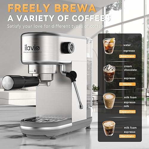 Miniatura 7 de Máquina de café expreso con espumador de leche, 20 bares de alta presión profesional, máquina de café automática, compacta de acero inoxidable para