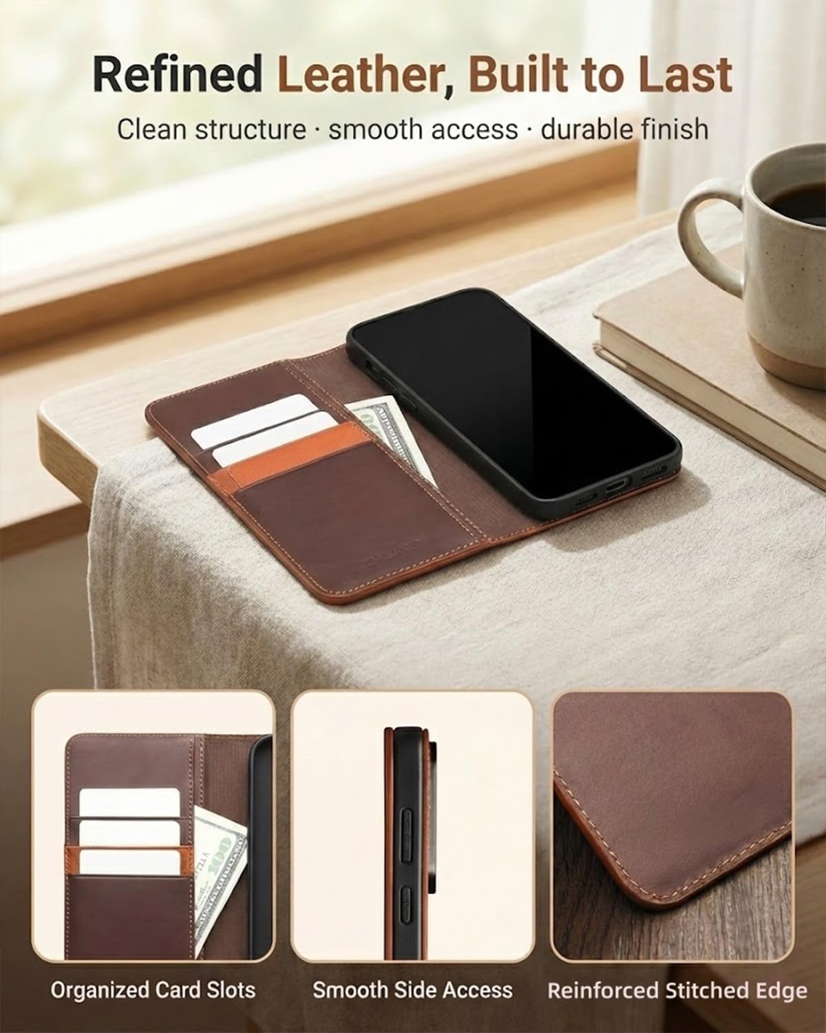 Genuine Leather Card Wallet Folio Case for Samsung Galaxy S26 Ultra/S26 Plus/S26, Leather-Texture Flip Cover with 3 Card Slots & Cash Pocket, Full-Wrap Protection, Foldable Stand(Black,S26 Ultra)