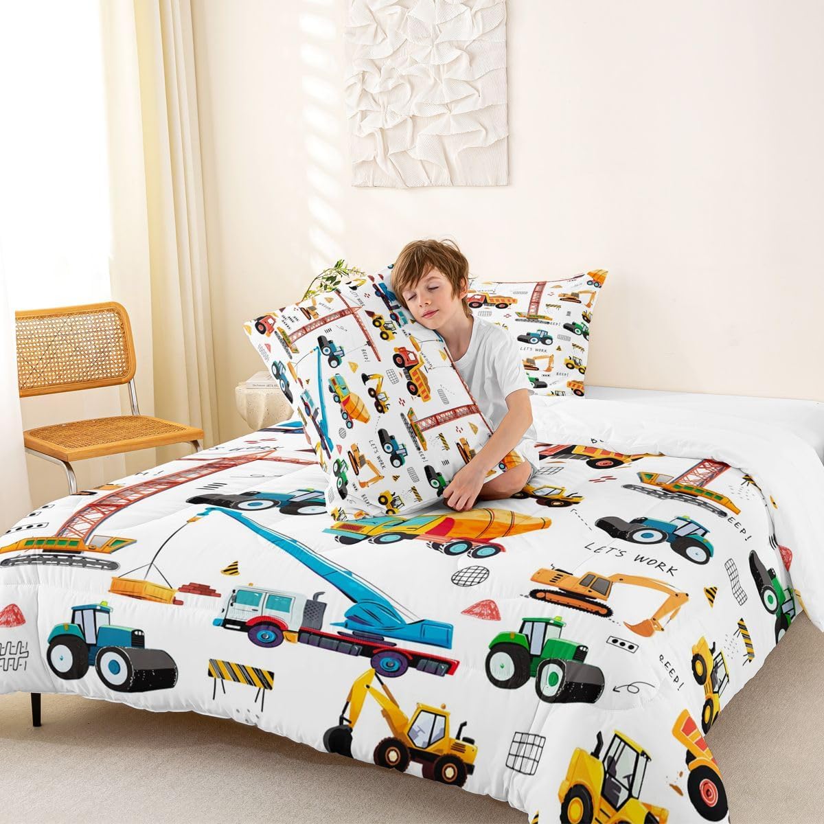 Tractor Comforter, Excavator Machinery Trucks Bedding Set Full Size, Construction Vehicle Down Comforter, Bulldozer Crane Equipment Truck Quilt Set For Child Teens 3Pcs Bedroom Decor, Yellow Green