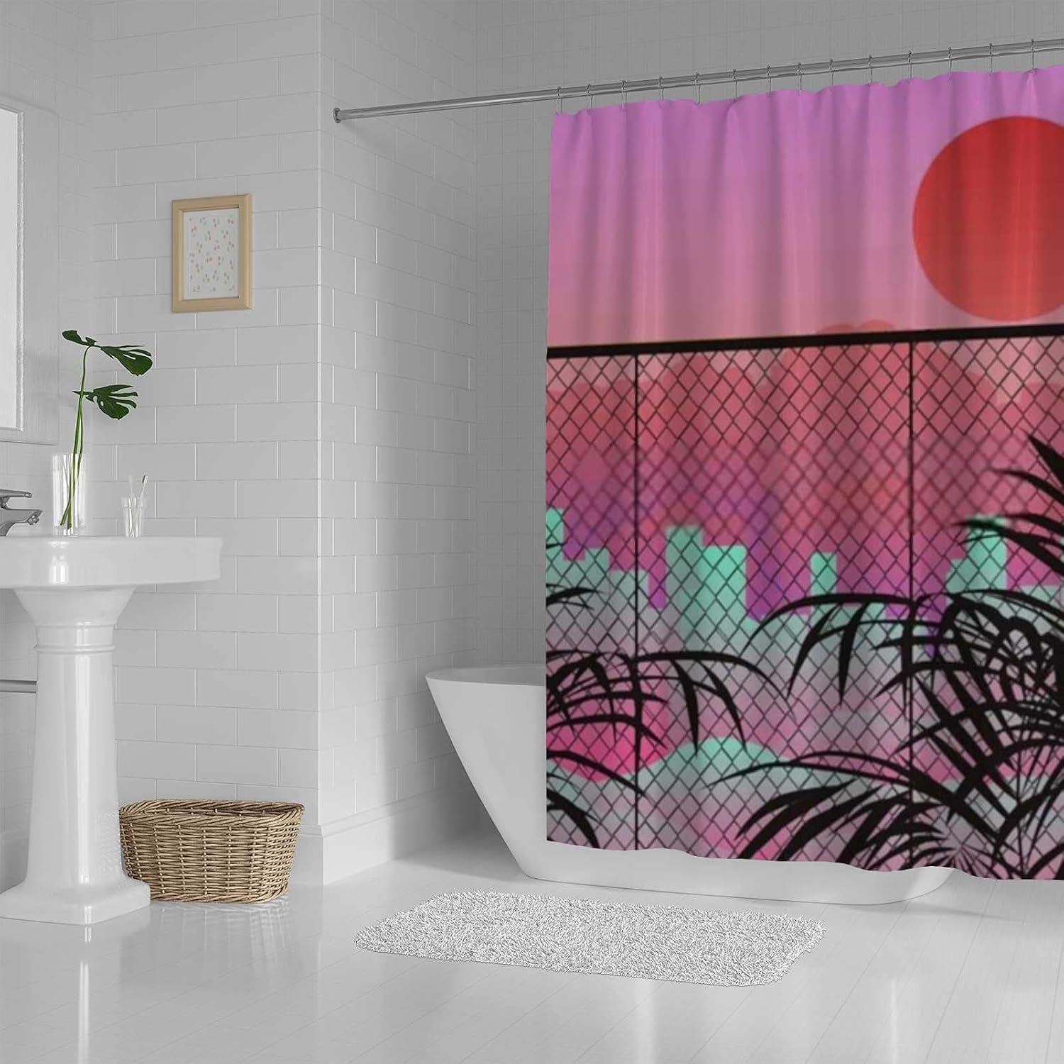 Kuizee Bathroom Shower Curtain 66 x 72 Inch with 12 Hooks Cloudy Sky Retro Synthwave Anime Style Bathtubs Polyester Waterproof Shower Curtains Set Fabric Decor Easy Install