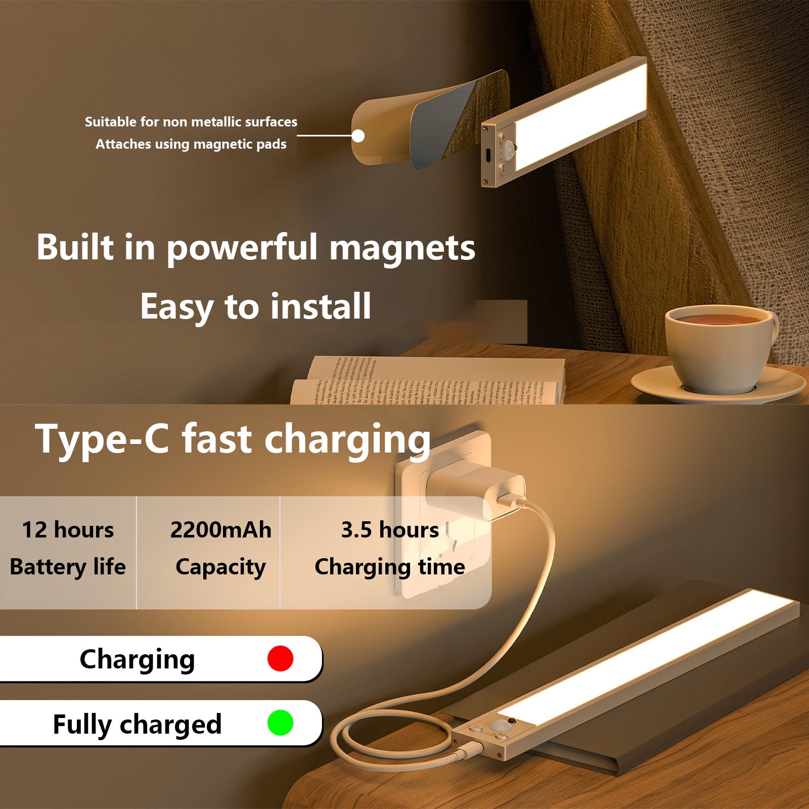 LED Akku Wandlampe mit Bewegungsmelder Wandleuchte Fernsteuerung Dimmbar Wandbeleuchtung Aufladbar USB Wandleuchten mit Schalter für Treppenbeleuchtung Vitrine Küche (C-Silber,60cm)