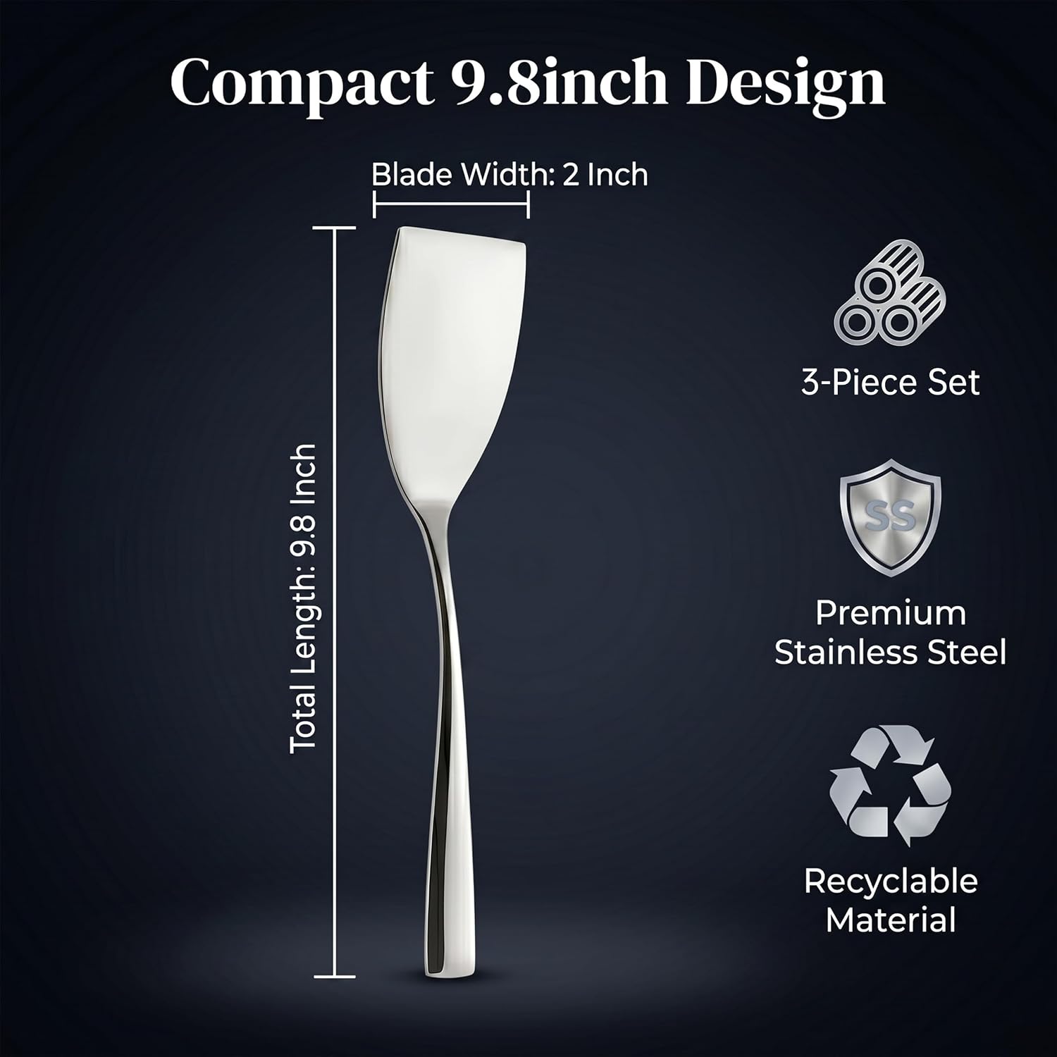 Stainless Steel Spatula, 9.8-Inch One-Piece Flat Turner, Durable Mirror Polish Metal Griddle Spatula & Serving Turner for Cast Iron Pans, Baking, Pancake, 3-Pack