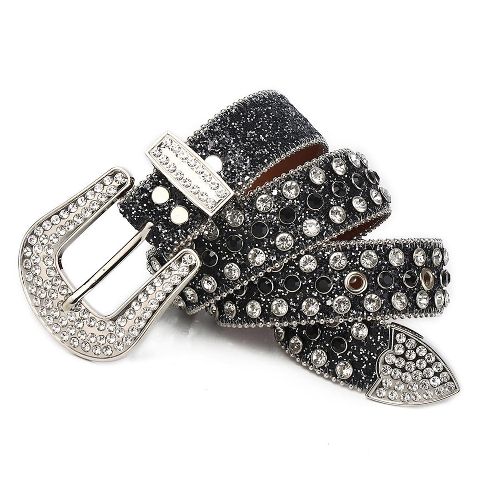 Cinturón De Cuero Con Remaches Y Diamantes Imitación, Vaquero Estilo Rock Western, Ajustable Hebilla A Presión Brillante