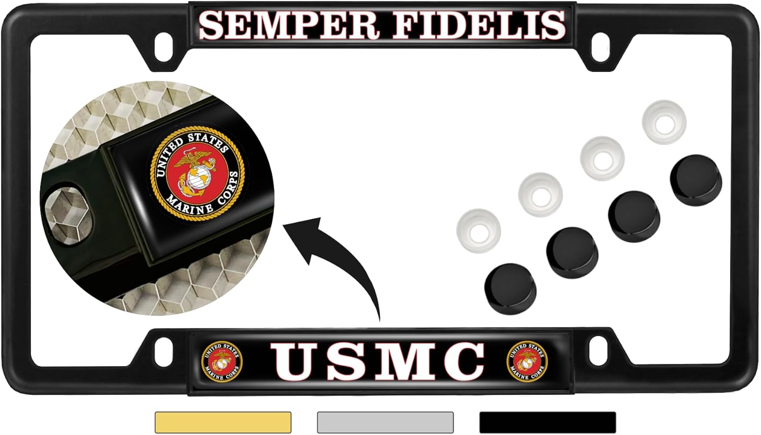 [Officially Licensed US Marine Corps Product] - USMC Semper Fidelis - Domed Custom-Made Personalized Narrow (Thin) Top 4 Hole Metal Car License Plate Frame with Free caps - Black (Qty: 1 Frame)