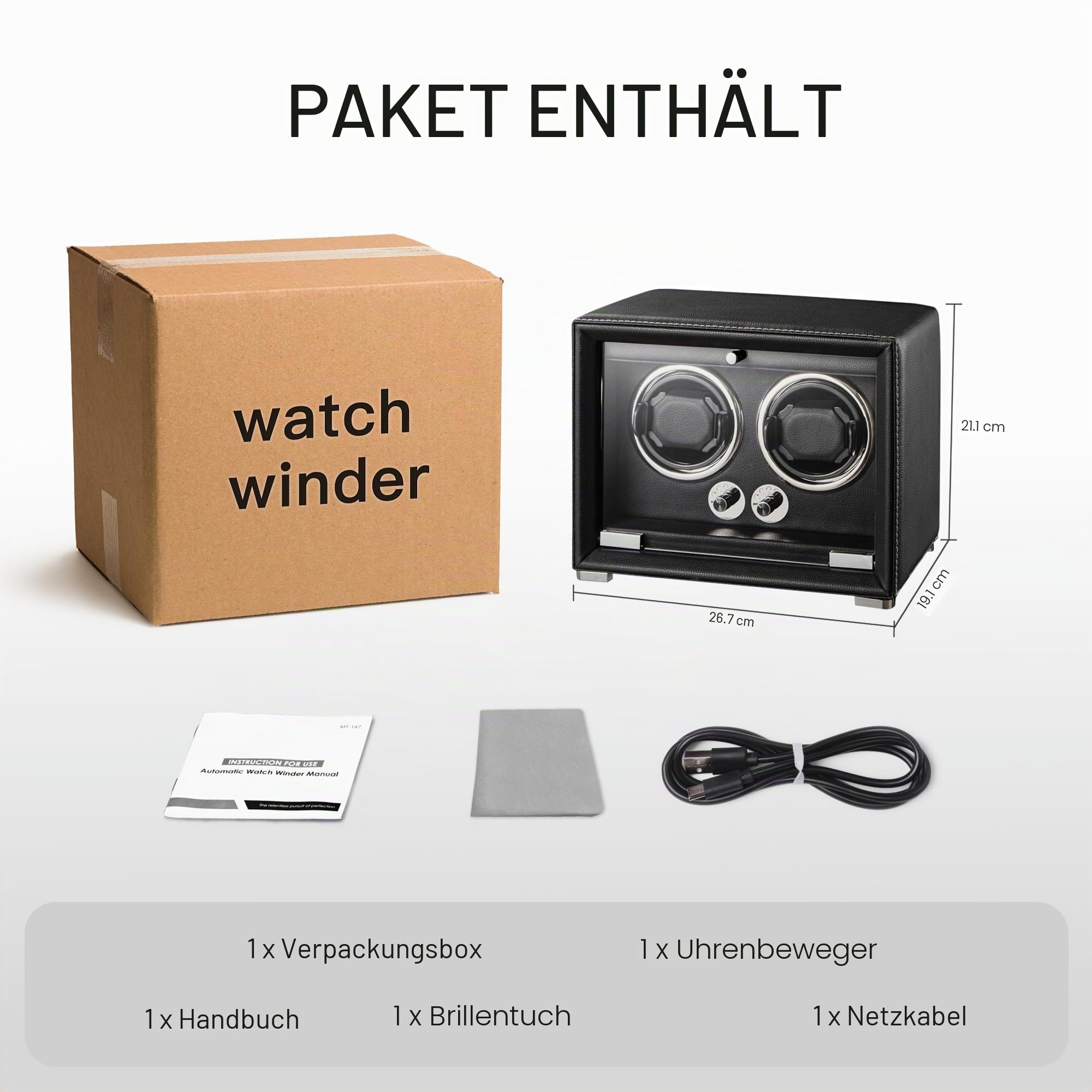 Uhrenbeweger für 2/4/6/9 Automatikuhren, High-End-Lederherstellung, super leiser Mabuchi-Motor, Zwei Leistungsmodi, integrierte LED-Leuchten