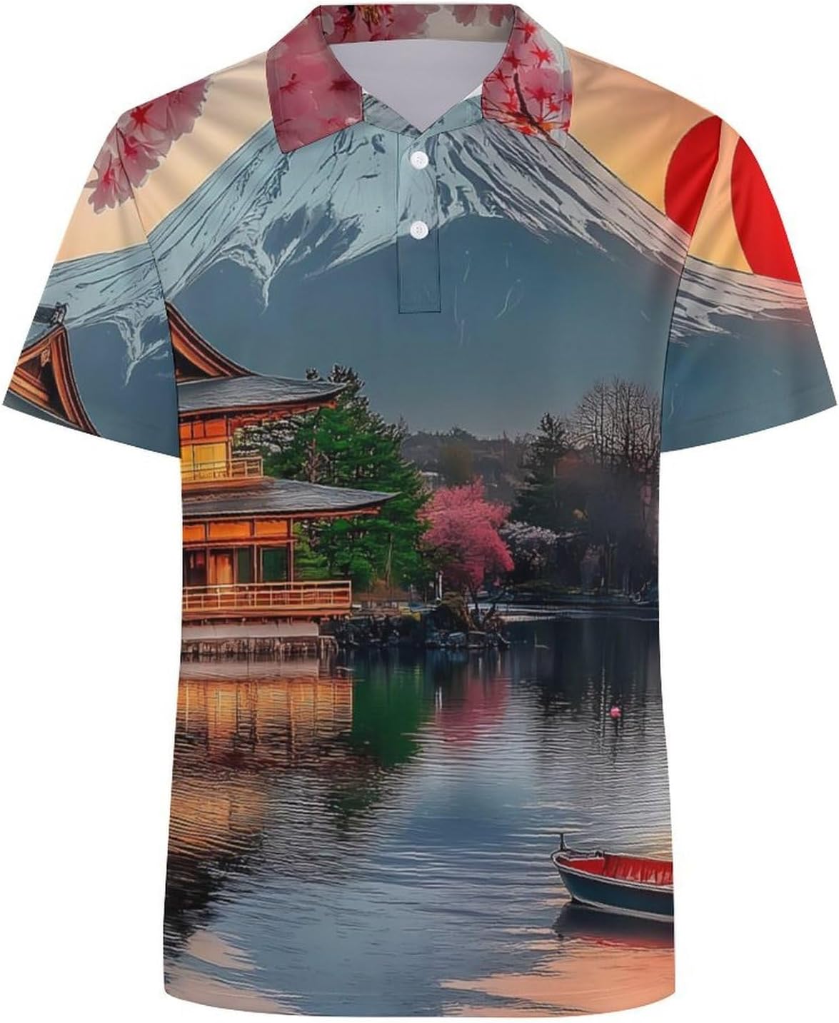 Japanese Fuji Cherry Flowers Womens Golf Polo Shirts Summer Short Sleeve Collared 3 Buttons T Shirt Activewear Tops