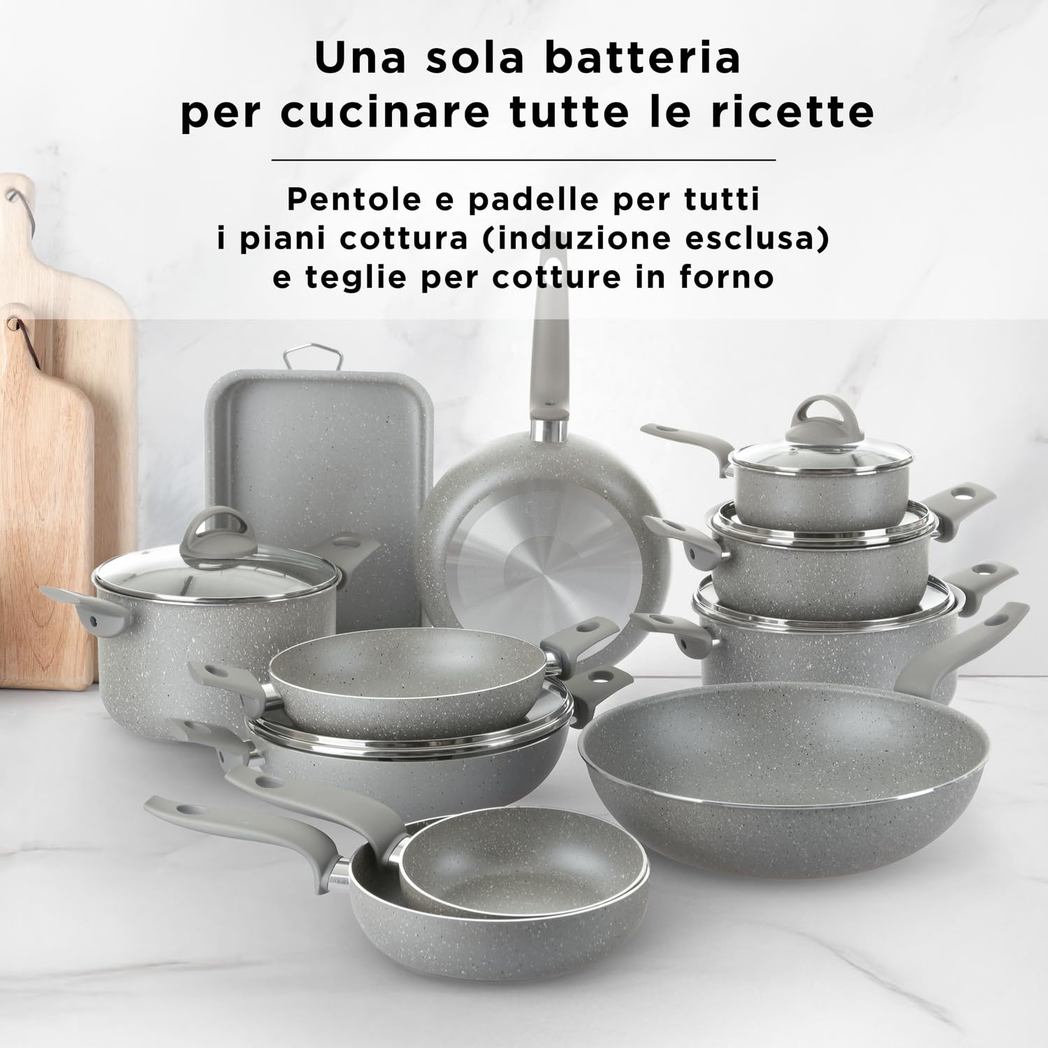 KASANOVA Set pentole per piani cottura tradizionali, set di pentole antiaderente, Batteria di Pentole, cottura salutare, rapida e uniforme. Made in Italy (16 pezzi)