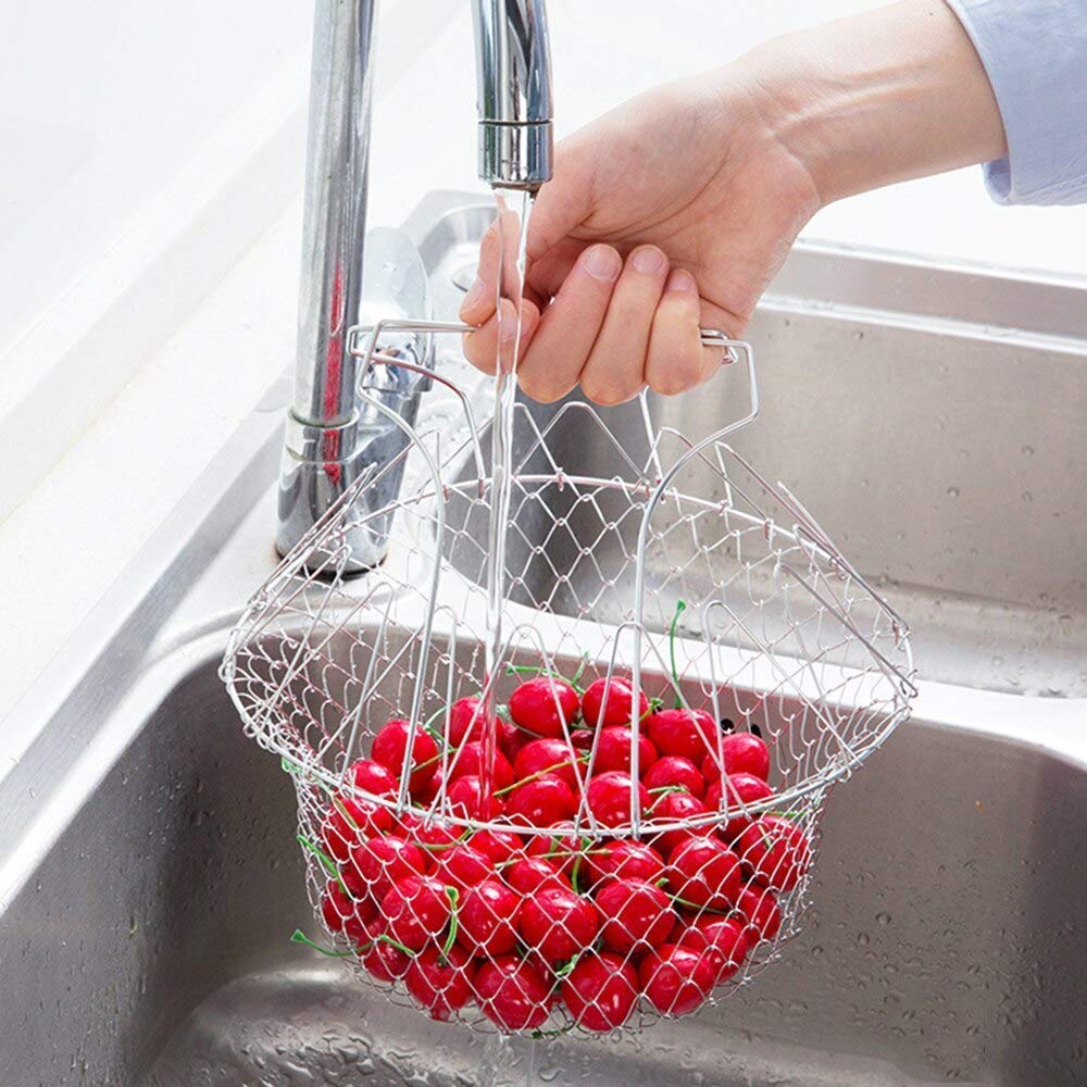 VYAKOM EXPORTS Chef Basket, Yummy Sam Stainless Steel Foldable Steam Rinse Strain Fry Basket Strainer Net Kitchen Cooking Tool for Fried Food or Fruits