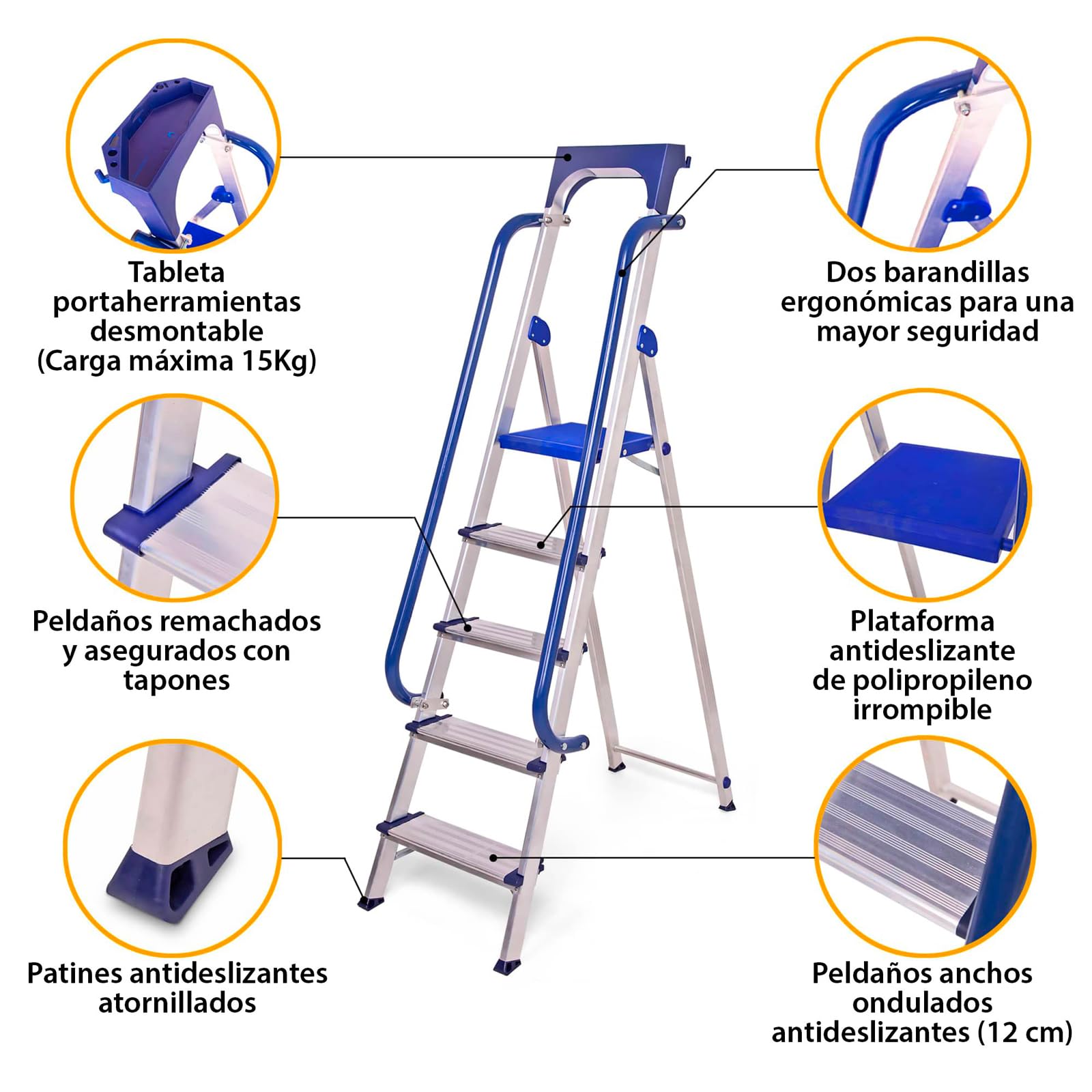 HOSTRÖM Escalera de Tijera de 5 peldaños Secure Pro, Aluminio Reforzado, Segura con barandillas, Bandeja portaherramientas, Altura de Plataforma 112 cm, garantía de 5 años