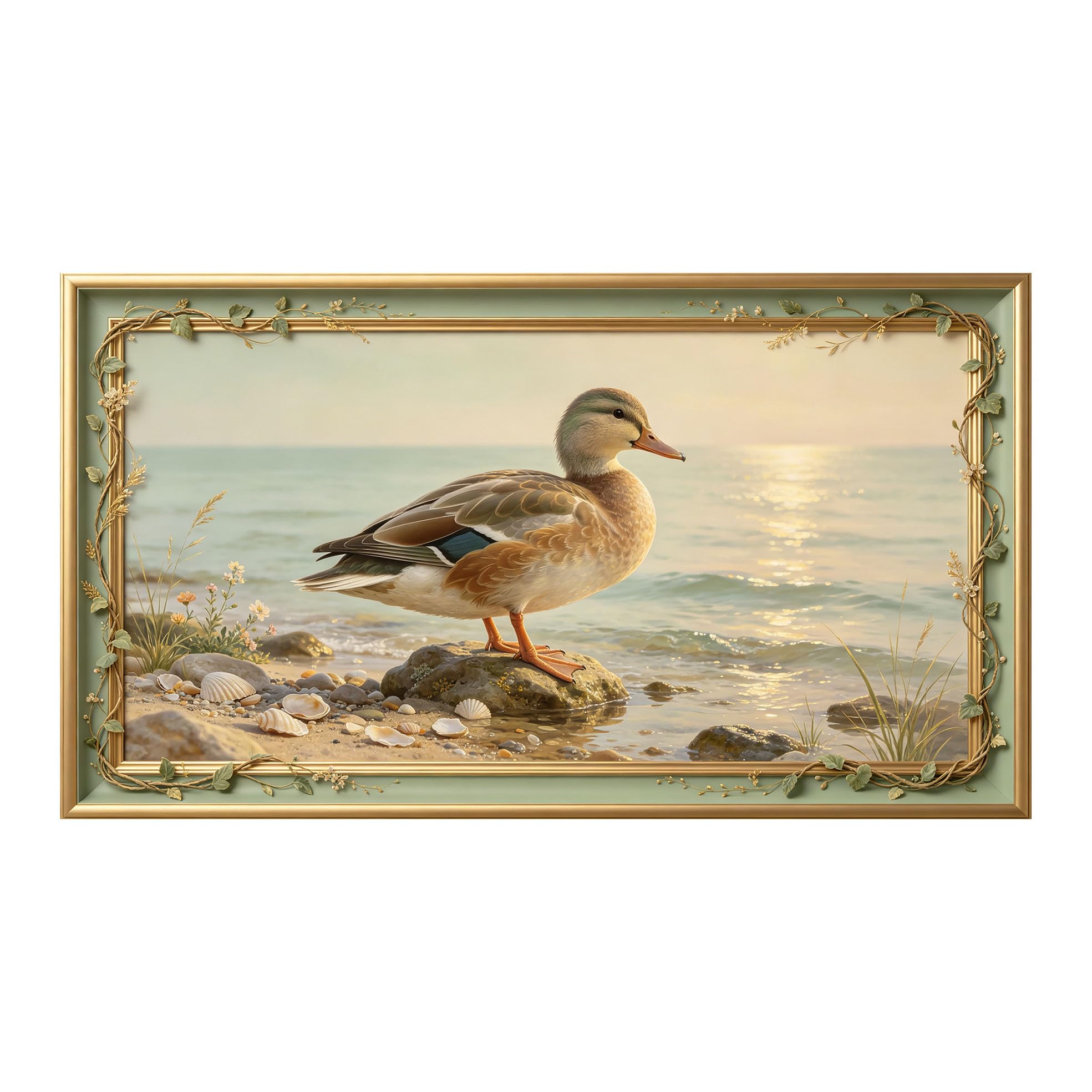 Murasolite 3D 3D Framed Wall Art 50cm×90cm Coastal Seascape Duck Oil Painting SelfAdhesive Fabric Mural Wall Decor, Peel and Stick No Damage to Wall for Bedroom Living Room