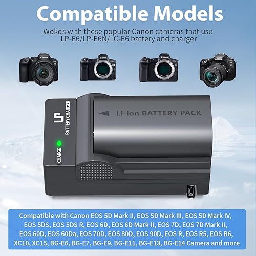 Miniatura 4 de LP LP-E6 LP-E6N Paquete de batería y cargador, paquete de 2 baterías de 2600 mAh compatibles con cámaras Canon EOS 90D, 80D, 70D, 60D, 60DA, 7D Mark