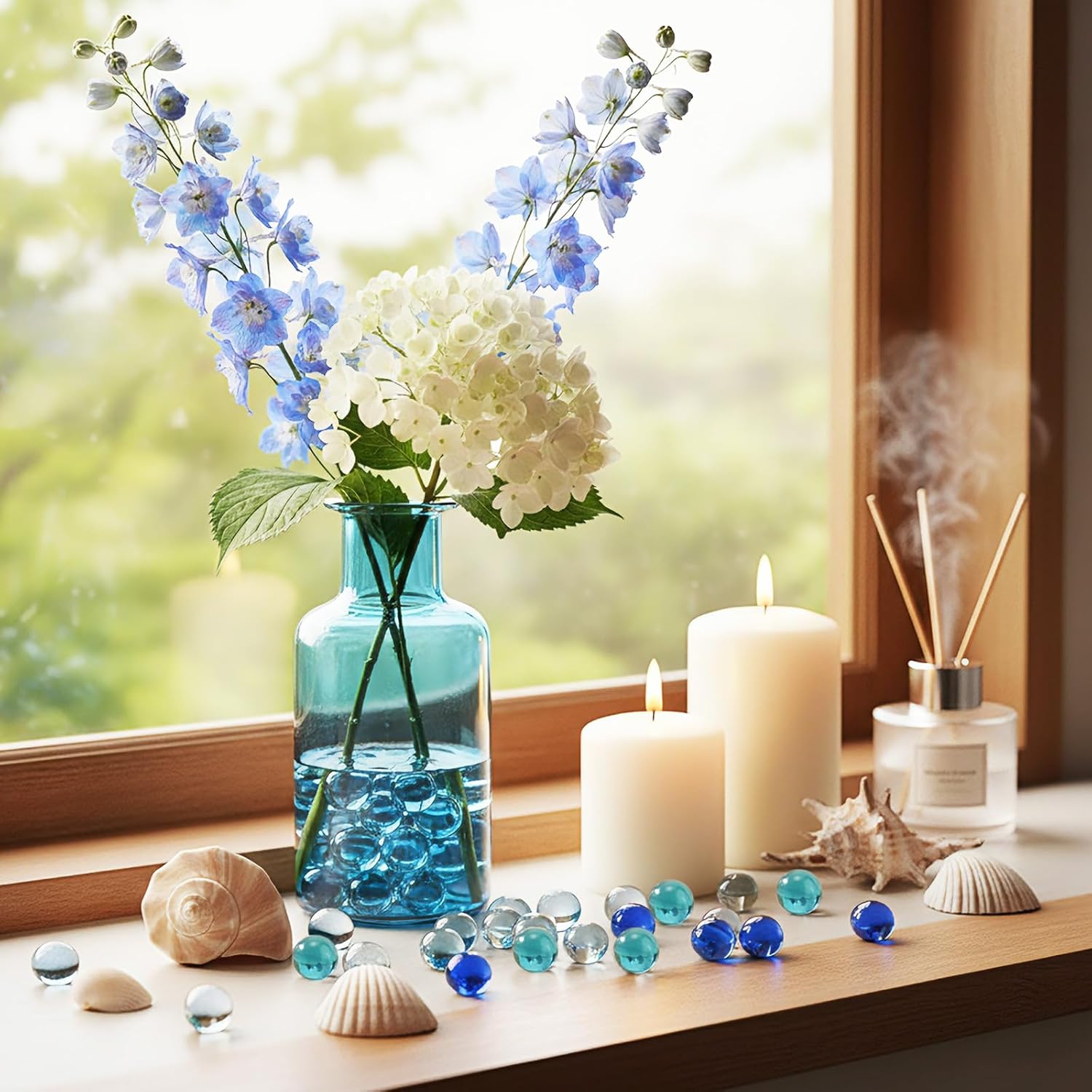Sratte 360 Pcs Clear Glass Marble Gemstone Vase Filler 16, 14 and 12 mm Glass Beads Transparent Small Marble Round Decorative Marbles Gem Pebbles for Slingshot (Transparent, Blue and Dark Blue)