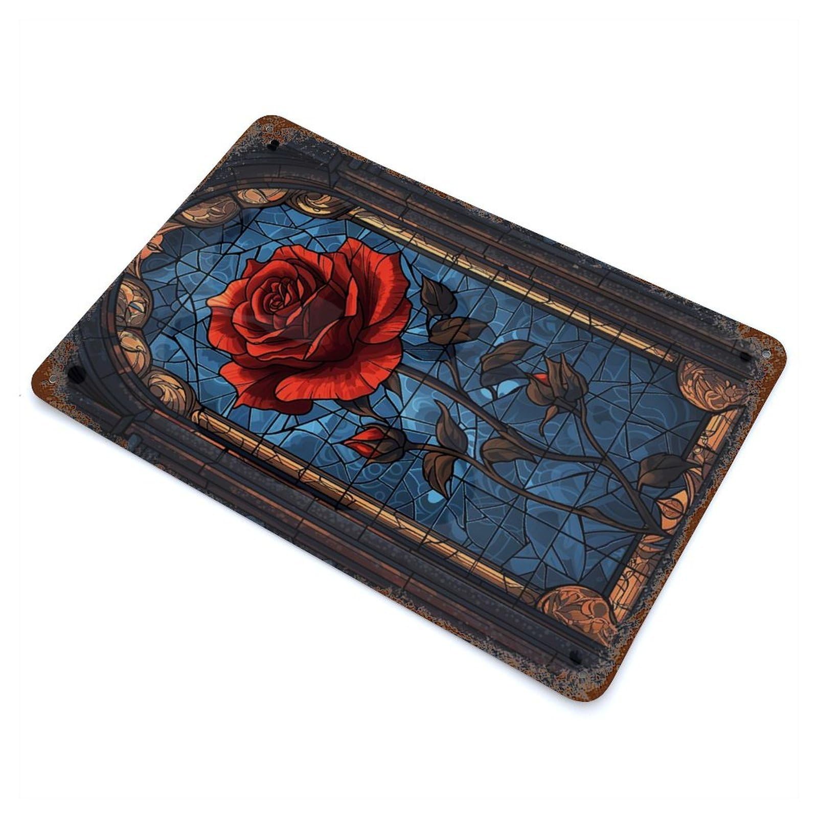 Stained Glass Rose Vintage Wall Sign 11.8"x7.9", Rust Effect Metal Decor for Bistro, Counter And Cafe Decor