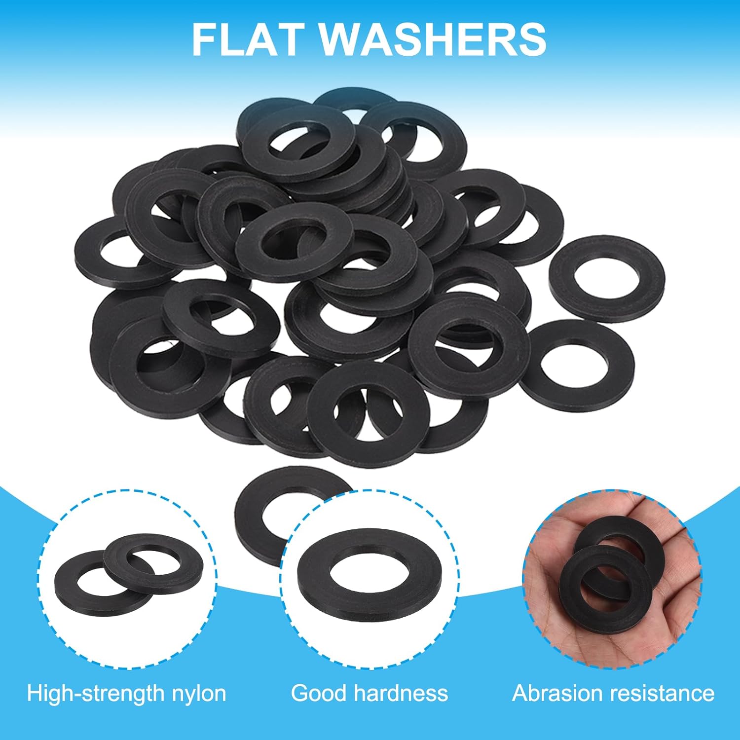PATIKIL Nylon Flat Washers, 100 Pieces 0.79" ID 1.42" OD 0.12" Thickness Plastic Seal Gaskets Ring Flat Spacer for Sealing Plumbing Faucet Hose, Black