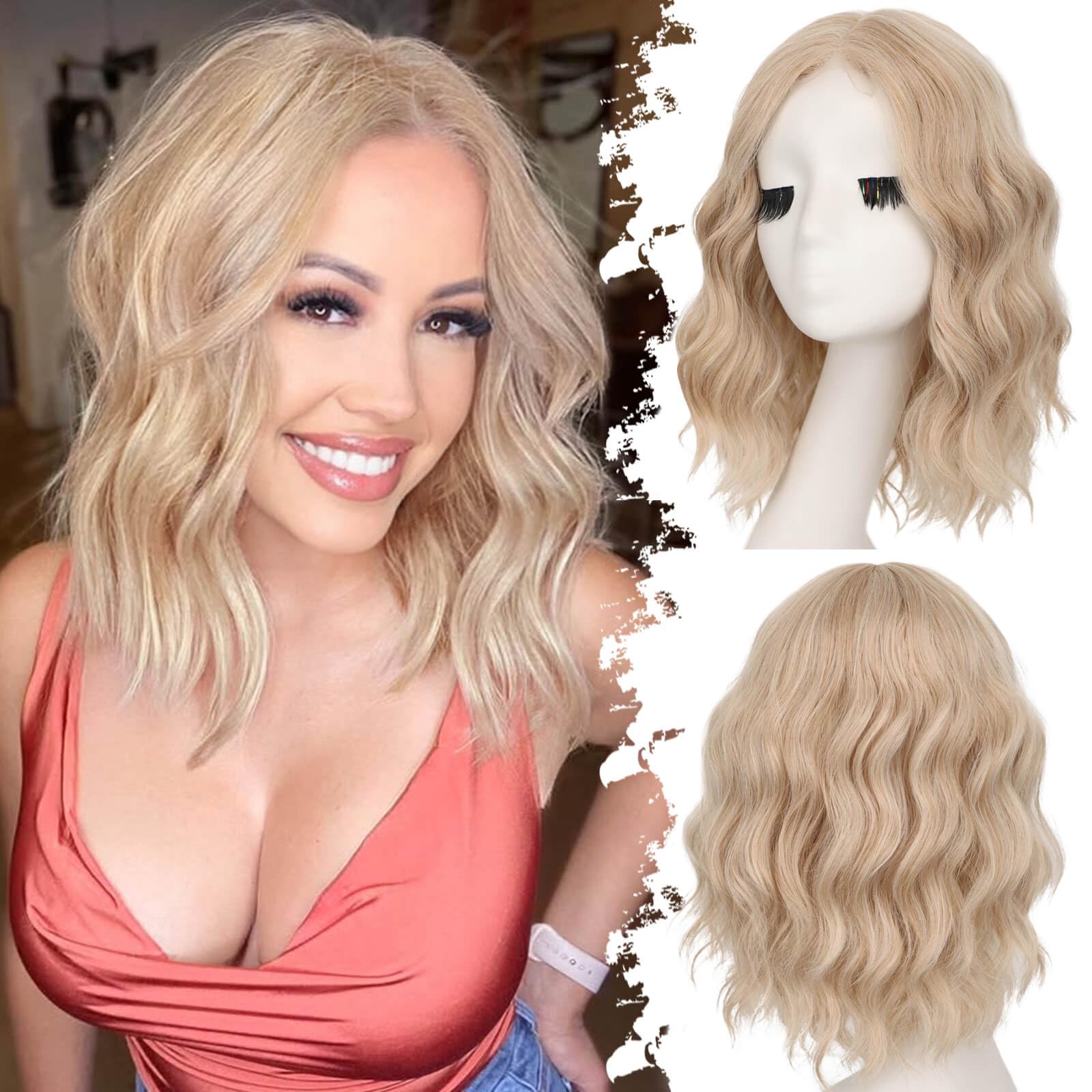 Eawwii Honey Blonde Mix Platinum Blonde Short Wavy Wig for Women Lace Hairline Bob Style Synthetic Heat Resistant - Natural Appearance for Everyday