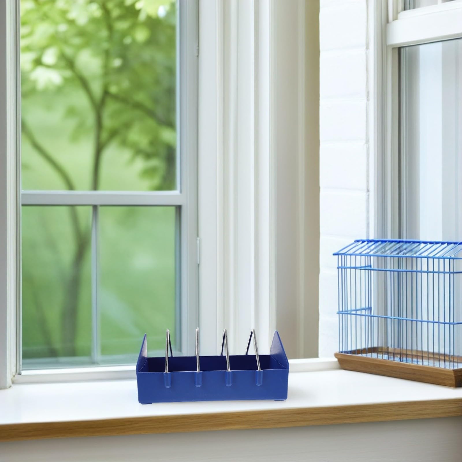 Lot de 4 Mangeoires pour Pigeons en Plastique Bleu Séparation Amovible et Fente Métallique, Grosse Capacité, Résistantes aux Intempéries pour Usage en Ferme ou Extérieur