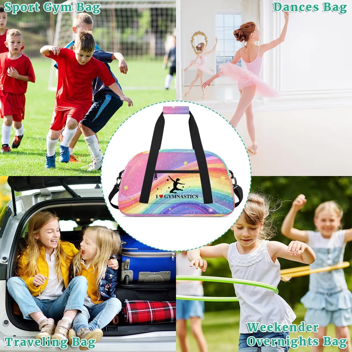 Rainbow Gymnastics Patterns Duffle Bag for Kids Dance Ballet Bag Lightweight Travel Weekender Overnight Bags Sport Gym Duffel Bag Workout Carry On Tote for Girls Boys
