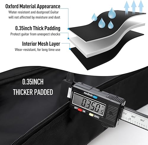 Miniatura 6 de GLEAM Bolsa para guitarra acústica, acolchado de 0.35 pulgadas de grosor, para guitarra de 39 a 41 pulgadas, impermeable, color negro con lazo para
