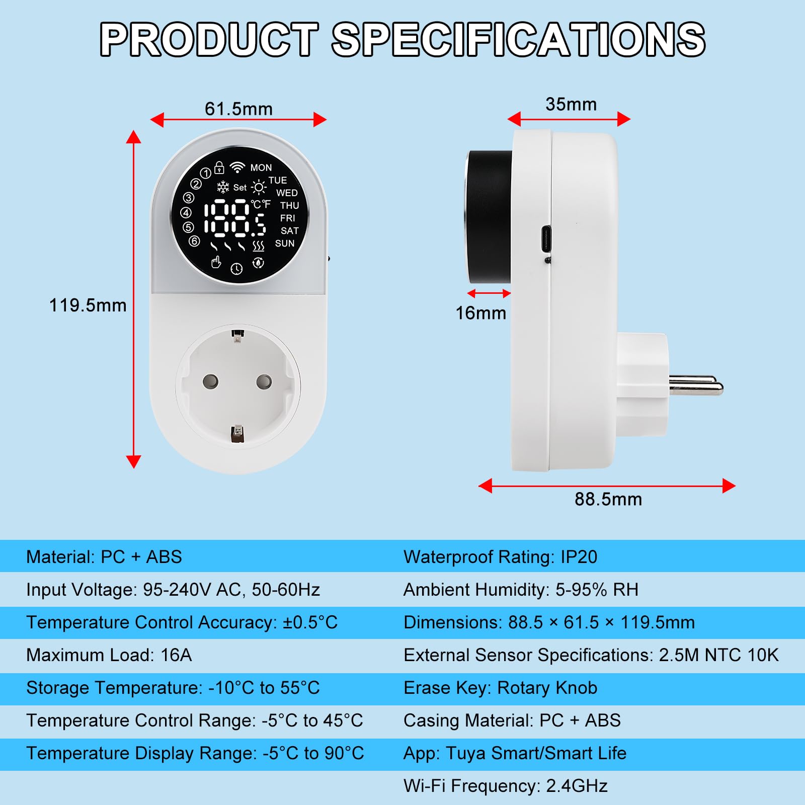 Termostato Enchufe Termostato Digital 220V 16A Inteligente WIFI Mando Giratorio Controlador Temperatura Control por APP Pantalla Digital LED Frío/Calefacción Pantalla Digital LED
