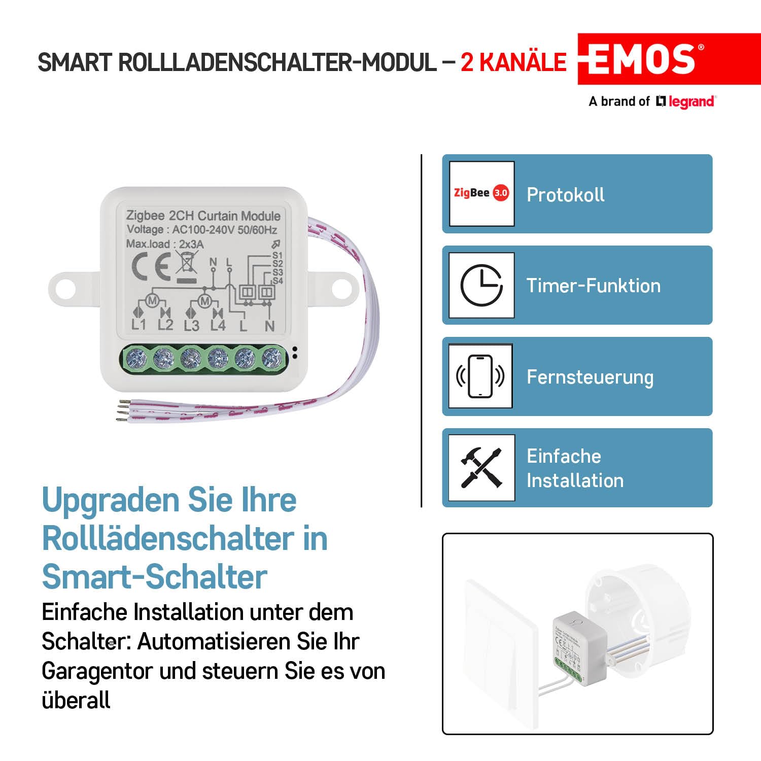 EMOS GoSmart - Módulo de interruptor de persiana inteligente con App - ZigBee - para interruptor doble - Interruptor de relé empotrado para control de persianas, control por voz de las persianas -