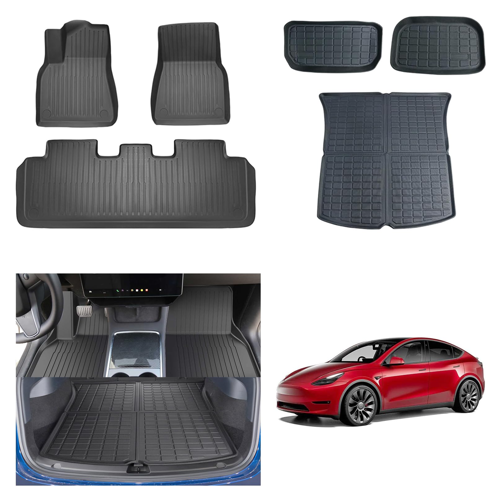 6 pezzi GAFAT Tesla Model Y 2021-2023 2024 Tappetini per bagagliaio + tappetini per auto, tappetini all-weather in TPE per bagagliaio e pavimento, alta anta Scansione 3D originale Model Y tappetini